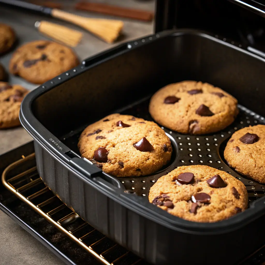 Close-up of gooey cookies baking in an air fryer.