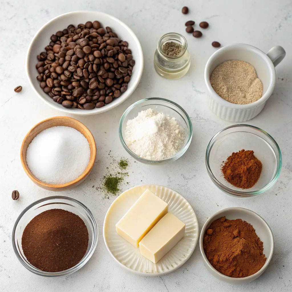 Key ingredients for the coffee loophole recipe including coffee beans, coconut oil, butter, sweeteners, and spices.