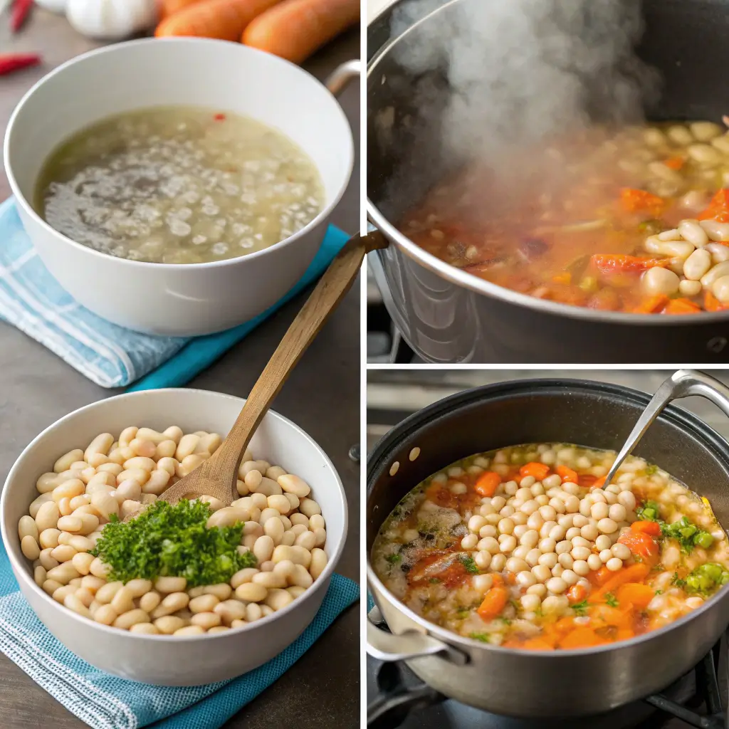 Step-by-step process of making navy bean soup