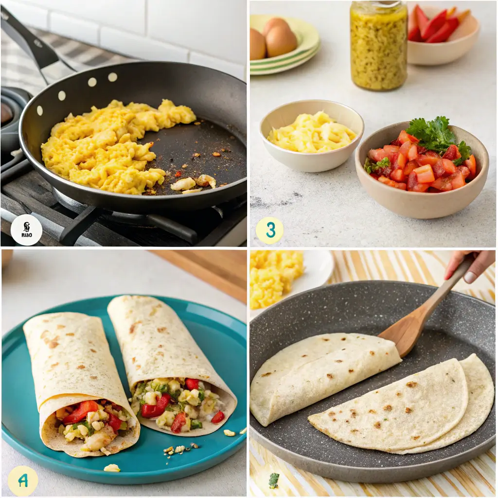 A visual guide illustrating the steps to make a breakfast burrito, including cooking eggs and assembling the burrito.