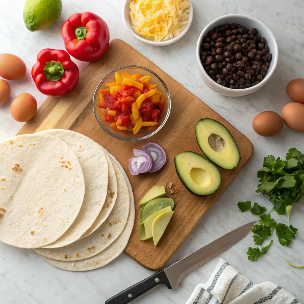 An assortment of fresh ingredients for a breakfast burrito, including tortillas, eggs, cheese, and vegetables.