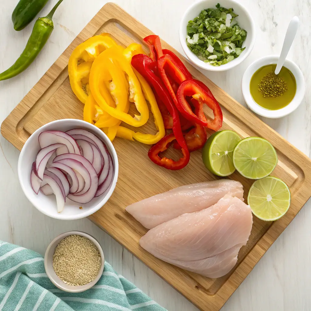 Raw ingredients for chicken fajita bowl including chicken breast, bell peppers, onions, fajita seasoning, olive oil, and lime on a cutting board.