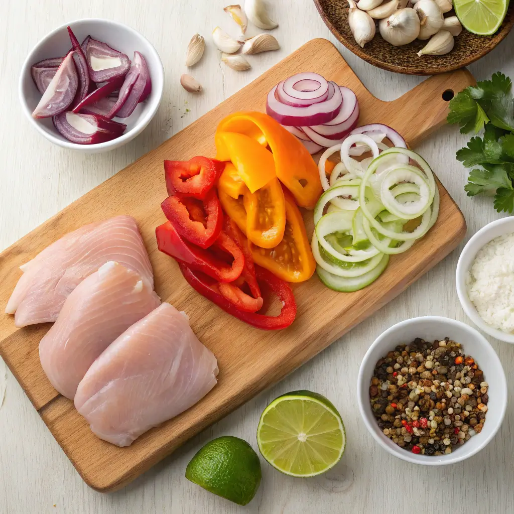 Fresh ingredients for chicken fajita bowl including chicken, bell peppers, onions, and spices.