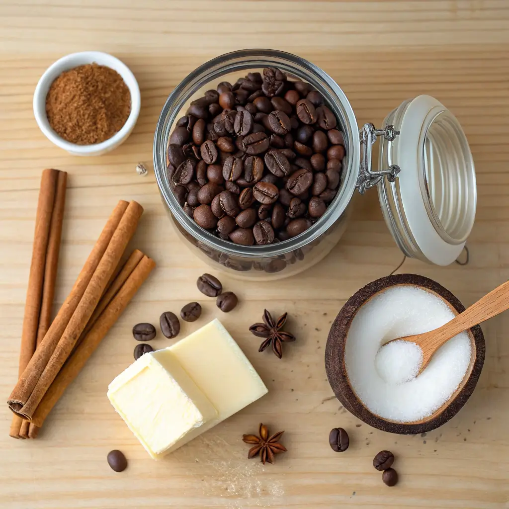 Key ingredients for coffee loophole recipe including coffee beans, coconut oil, and cinnamon.