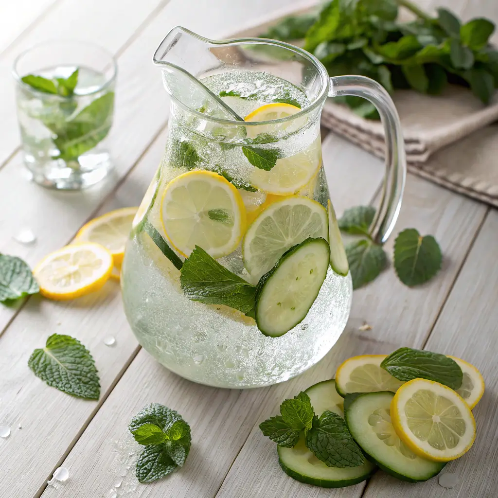 Refreshing ice water with lemon and mint