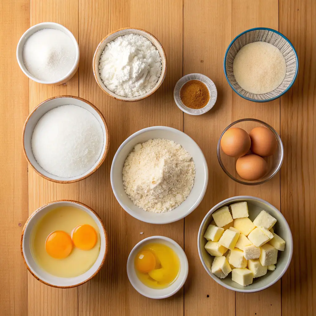 A collection of ingredients for malasadas, including flour, sugar, yeast, milk, eggs, and butter, arranged on a wooden countertop.