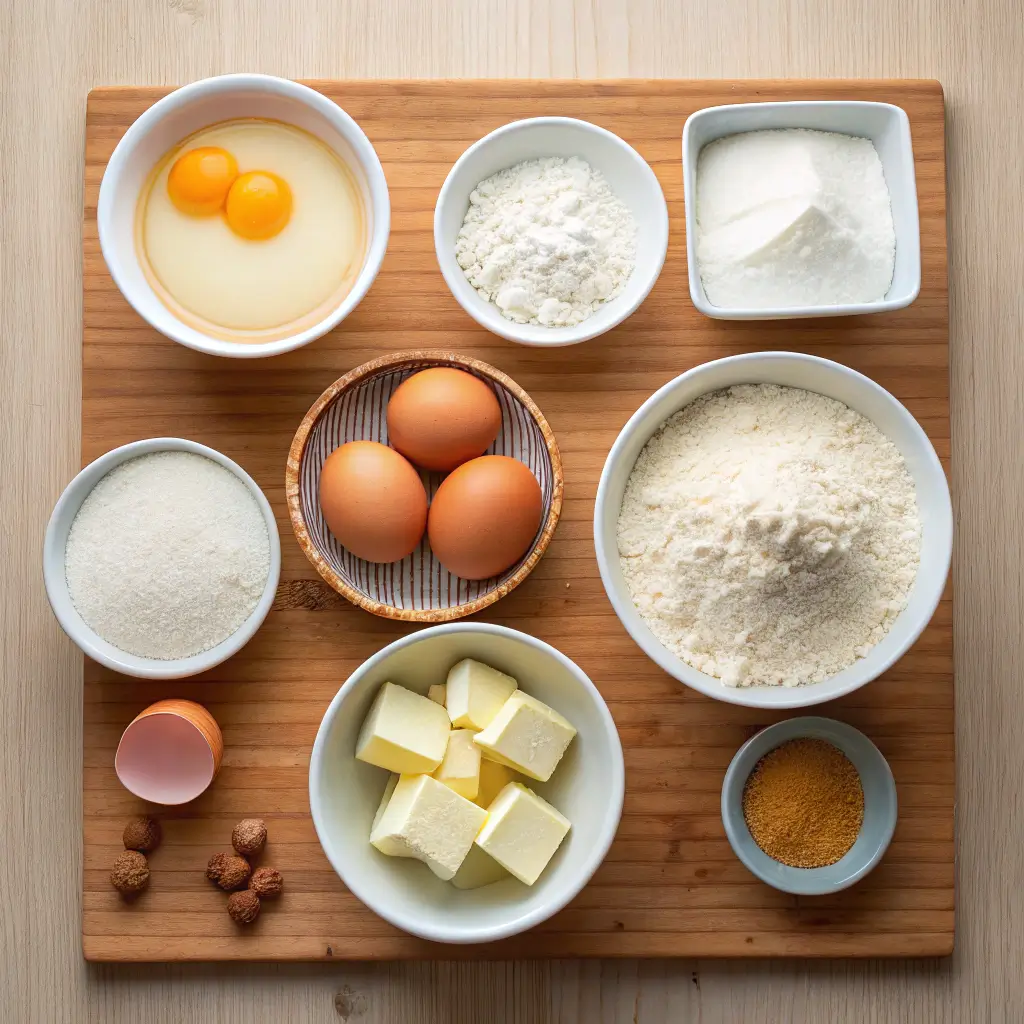 Key ingredients for malasadas displayed on a wooden countertop.