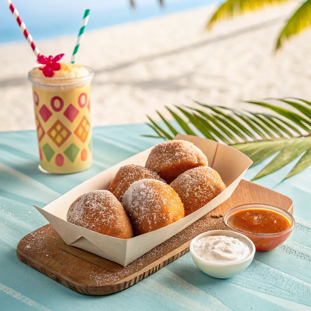 Hawaiian-style Malasadas in a paper tray, coated with cinnamon sugar, surrounded by tropical decor and bright sunshine.