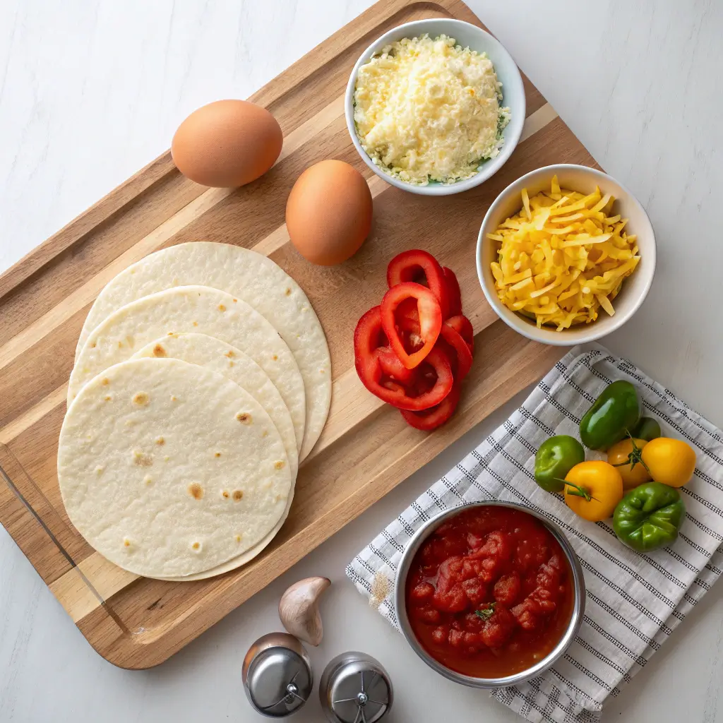 Key ingredients for a breakfast burrito including eggs, tortillas, cheese, bell peppers, and salsa arranged on a cutting board.