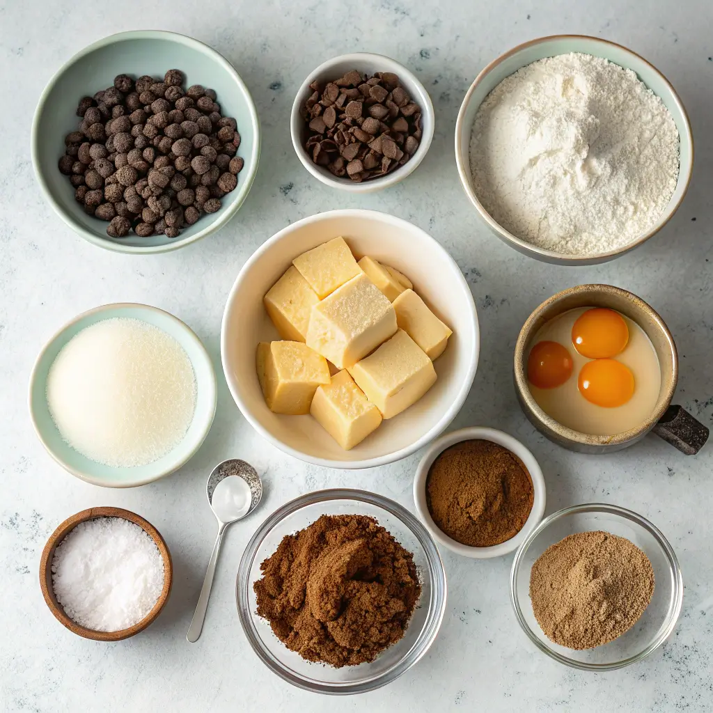 Key ingredients for a slutty brownie recipe including butter, sugars, eggs, flour, cocoa powder, chocolate chips, and cookie dough arranged on a countertop.
