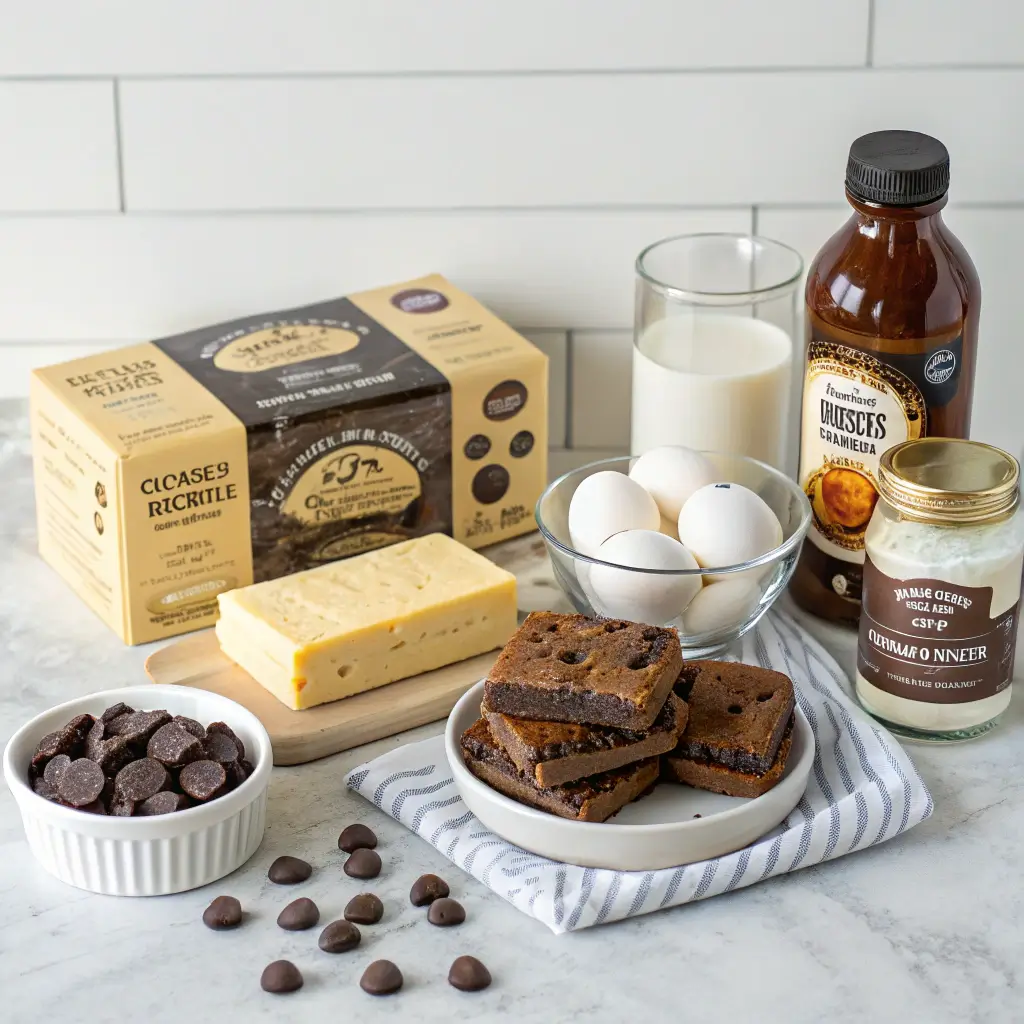 Key ingredients for slutty brownies including brownie mix, cookie dough, chocolate chips, eggs, butter, vanilla extract, and salt arranged on a countertop.