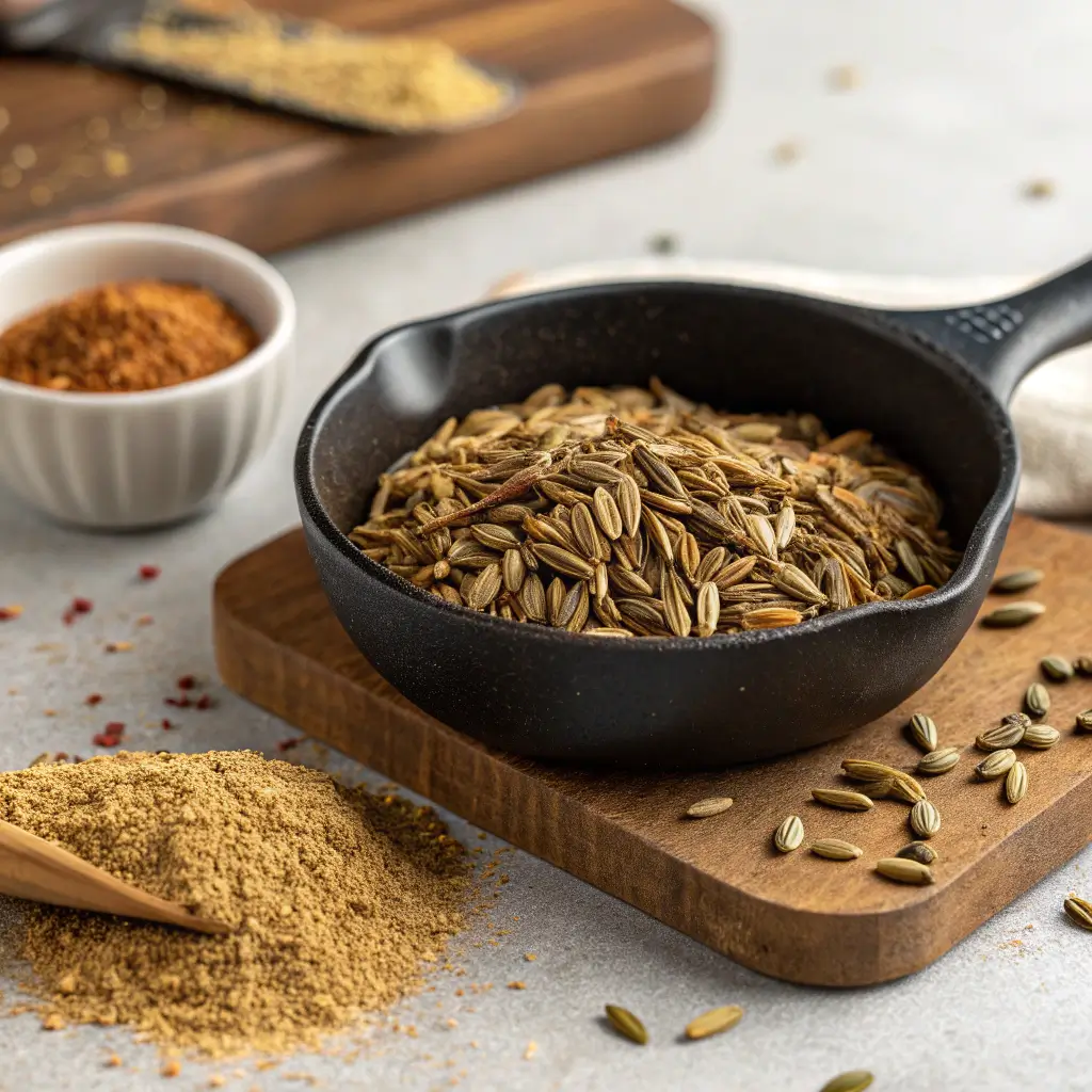 Roasted fennel seeds in a skillet