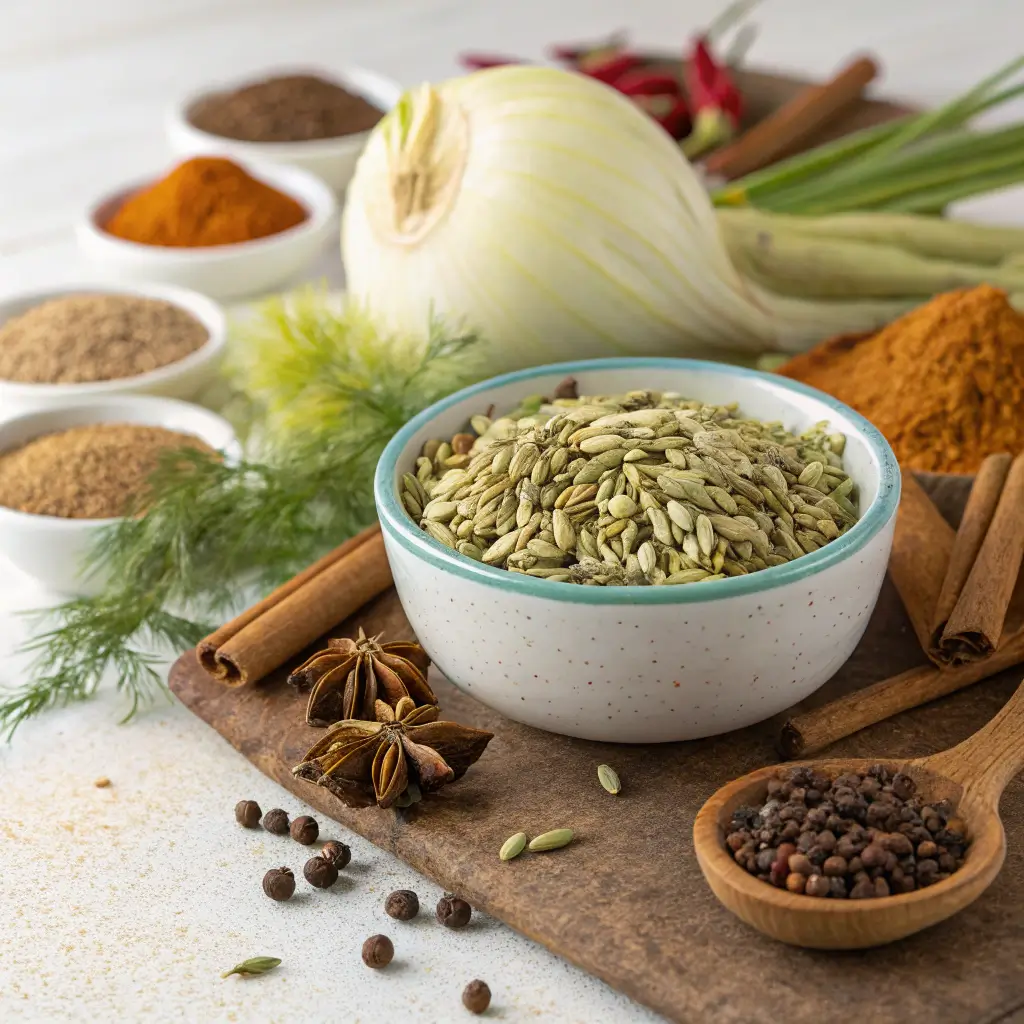 Fennel seeds with fresh fennel bulbs