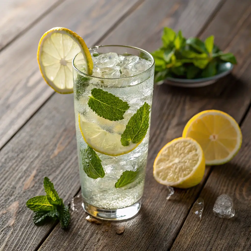 Refreshing ice water with lemon and mint