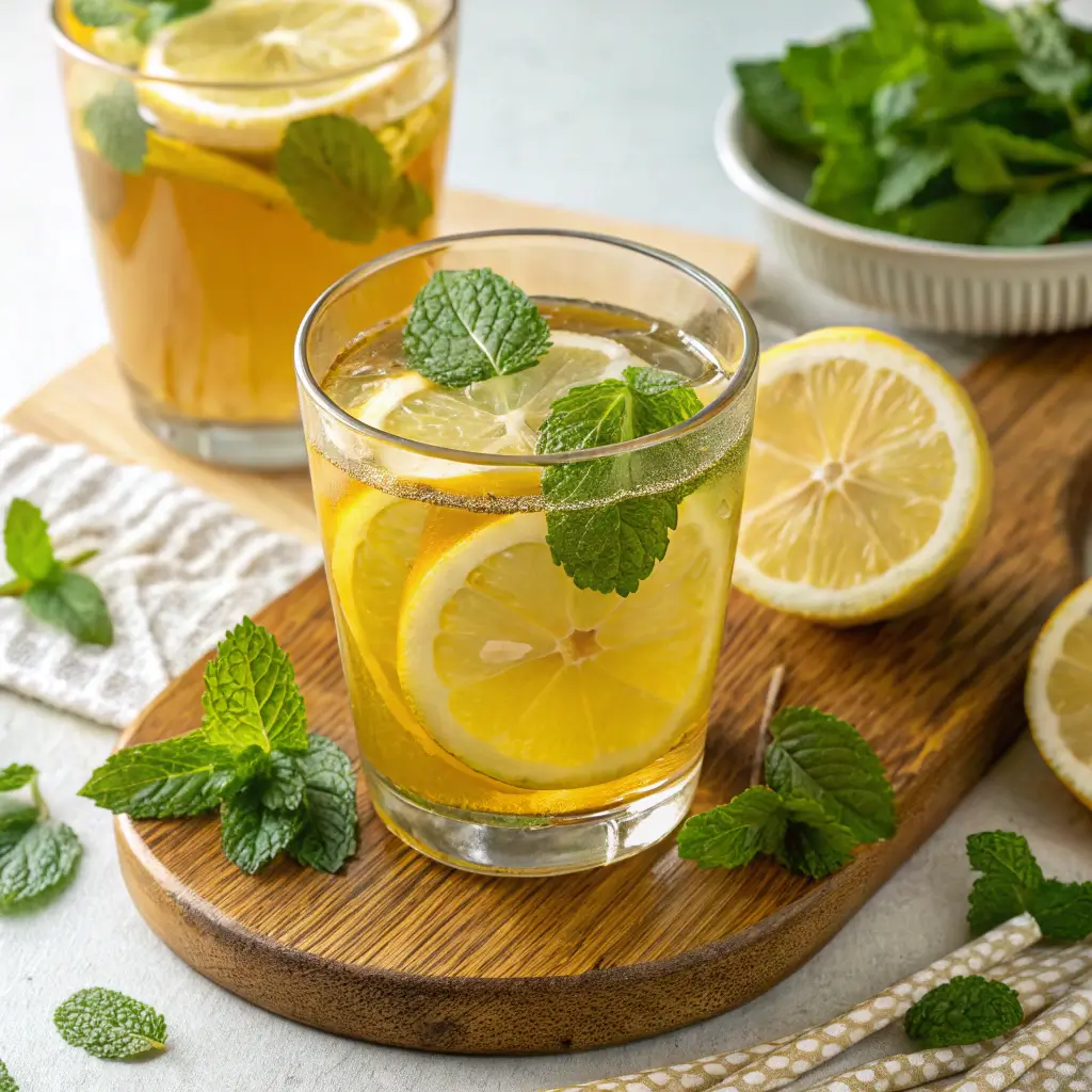 A glass of lemon balm tea with lemon slices and fresh lemon balm leaves on a rustic wooden table.