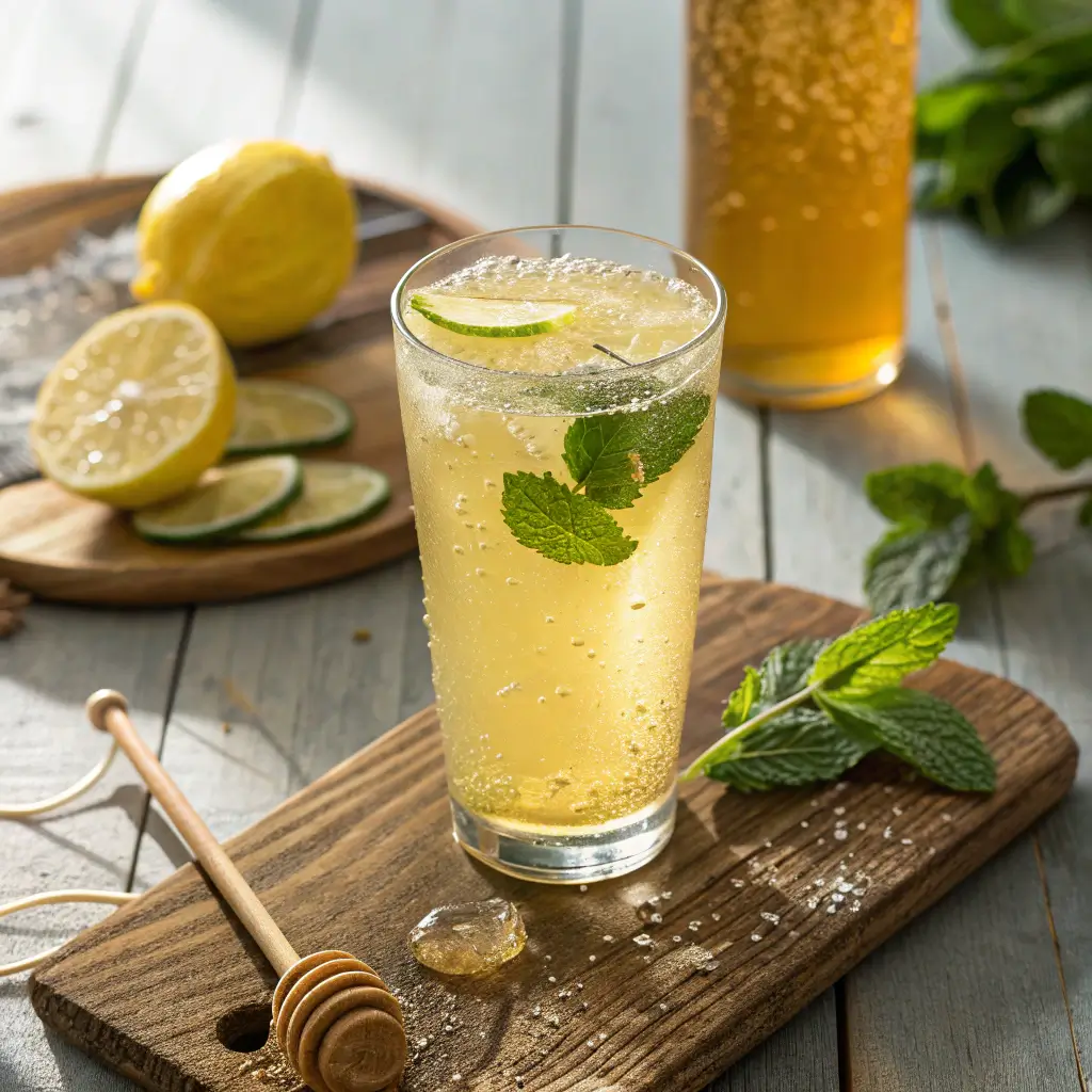 A tall glass of golden lemon-lime detox drink with sparkling bubbles, garnished with a lime wheel, served on a rustic wooden table with lemon slices, honey dipper, and mint leaves in bright morning light.