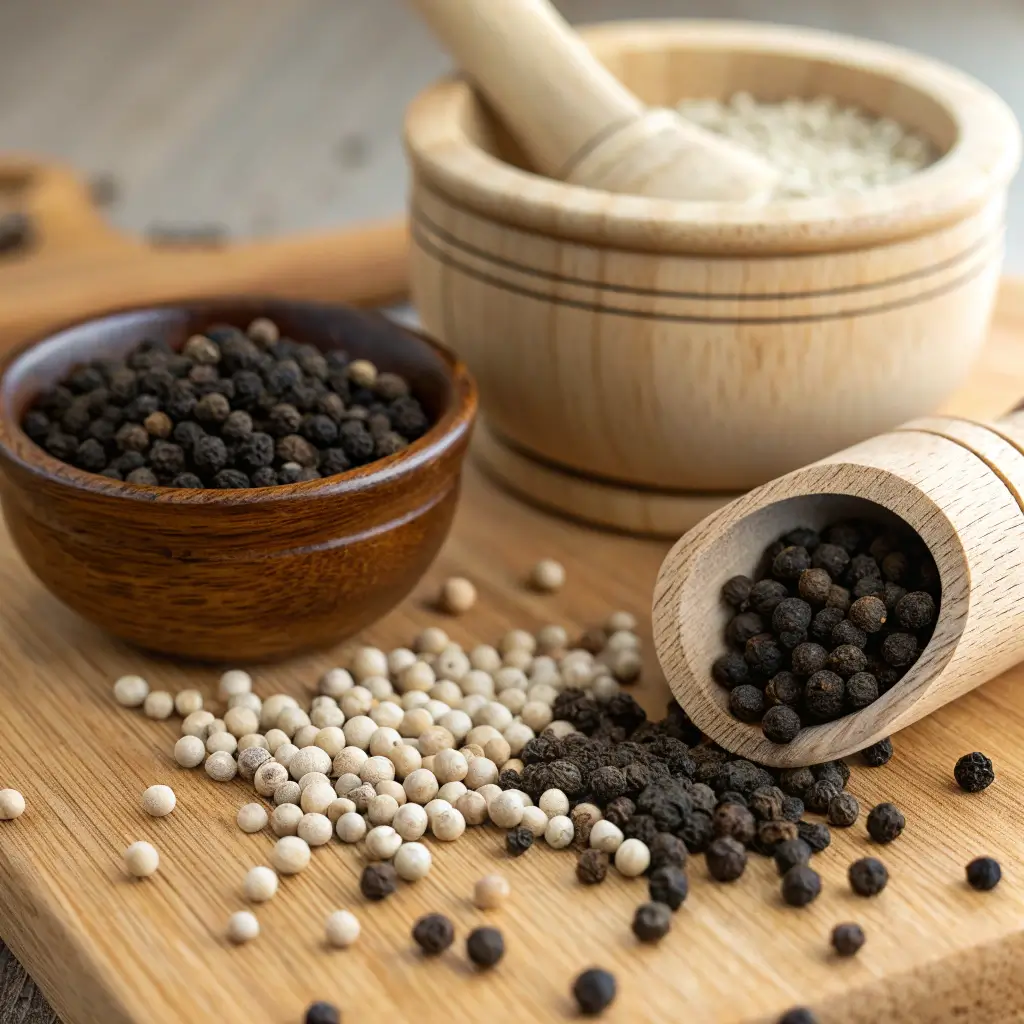 Comparison of black and white pepper.