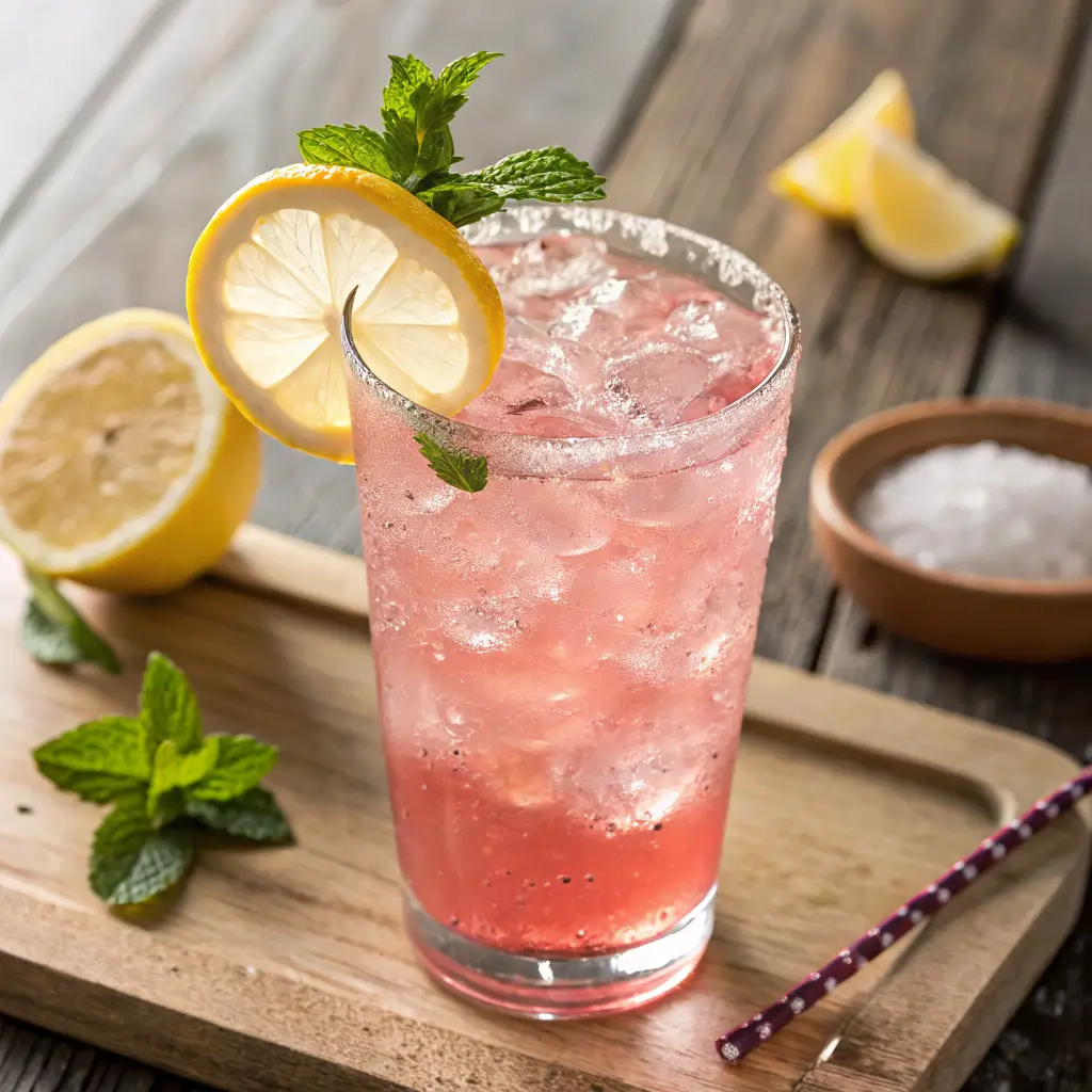 Refreshing pink salt drink with lemon and mint