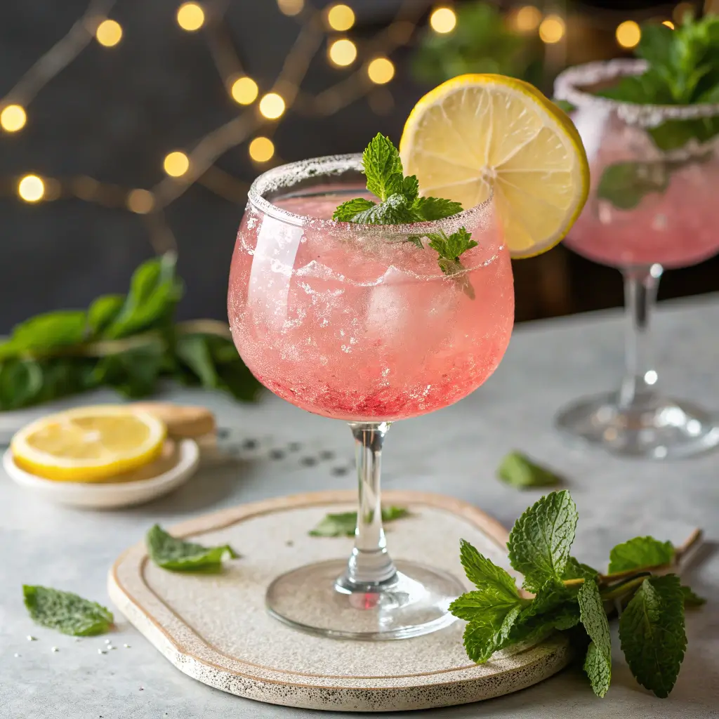The pink salt trick drink served with lemon and mint