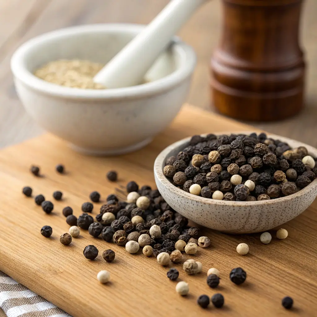 Whole black and white peppercorns with mortar and pestle