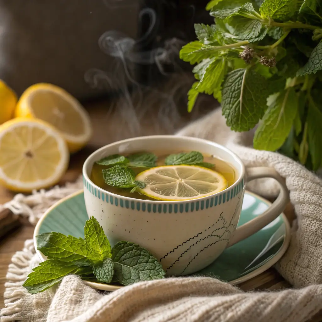 Steaming cup of lemon balm drink