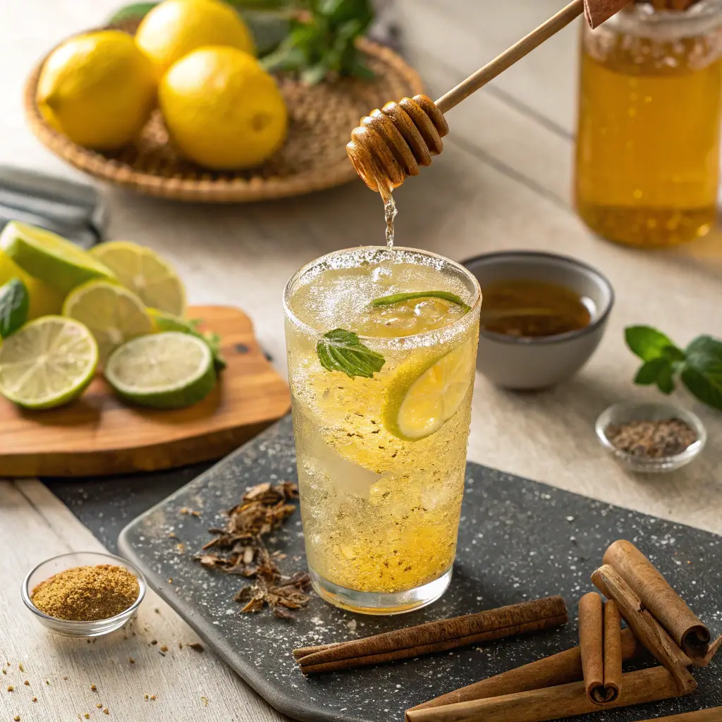 A refreshing glass of golden lemon-lime honey detox drink with sparkling bubbles, garnished with citrus slices, while honey drizzles from a wooden honey dipper, surrounded by fresh lemons, a jar of honey, and warm spices on a rustic tabletop in natural light.